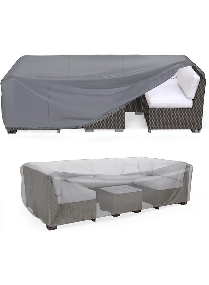 غطاء أثاث الفناء الخارجي، مجموعة أغطية كنبة مقسمة مقاومة للماء ومتينة، غطاء طاولة وكراسي الفناء 3.25 م طول × 2.1 م عرض × 71 سم ارتفاع، رمادي - Image 1