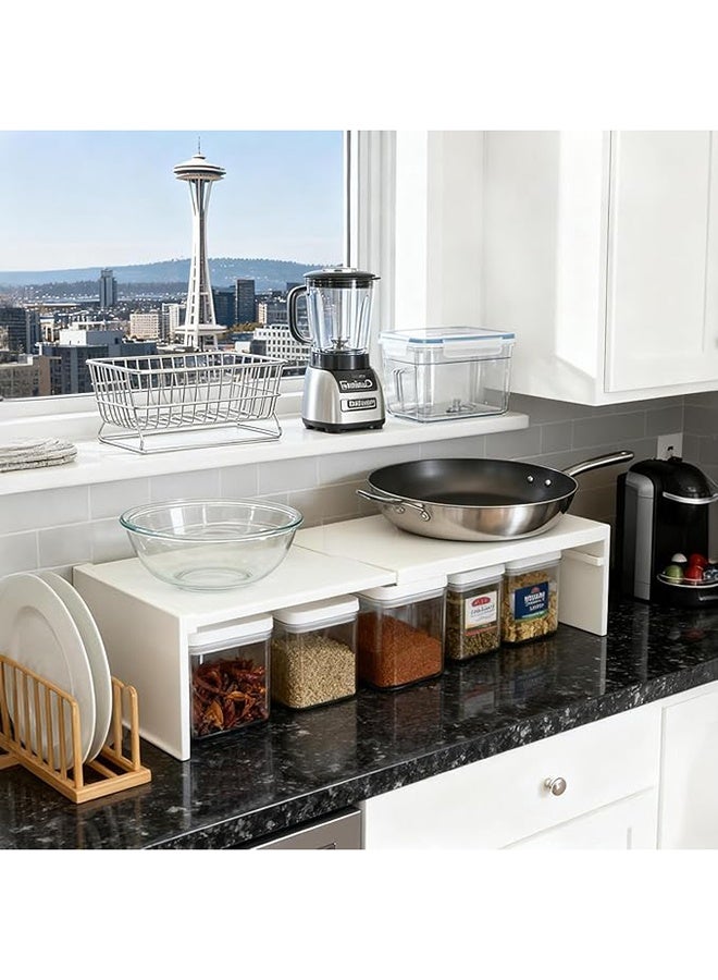 RollsTimi  Cabinet Shelf Expandable Organizer Riser Storage Space Saver Stackable for Kitchen Pantry Cupboard Under Sink Countertop White Simple Houseware Counter - Image 5