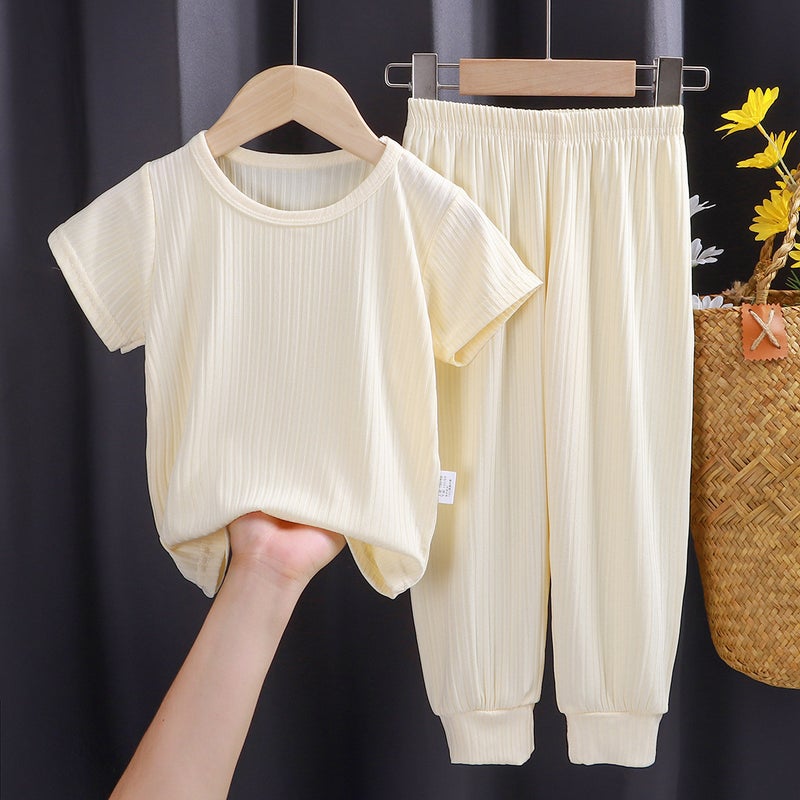 2024 Summer Kids Home Suit Casual Unisex Pajama Set V Beige Home Clothes 