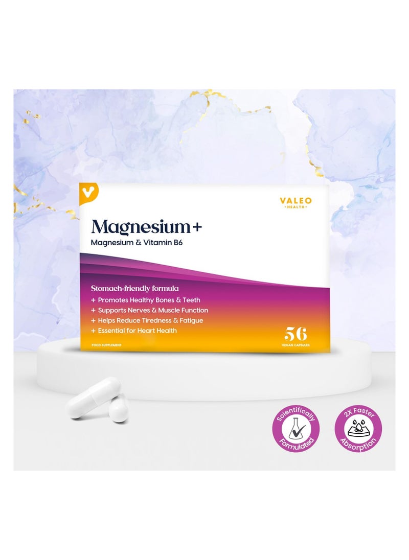VALEO - Magnesium With Vitamin B6 2x Absorption Muscle Recovery Bone And Heart Health 56 Capsules Pack - Image 1