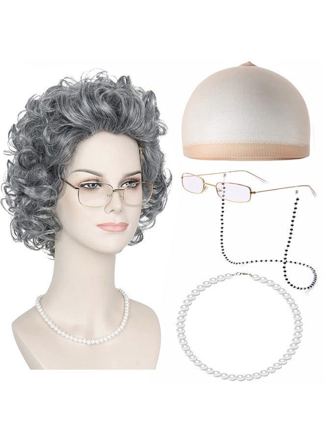 GMORO Old Lady Wig Costume for Women,100 Days of School Costume for Kids Girls, Grandma Granny Costume Wig for Cosplay