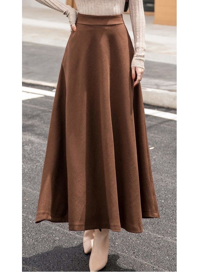 chouyatou Women's Fall Winter A-Line Swing Pleated Long Maxi Wool Skater Skirts, Pocket-brown, L - Image 2