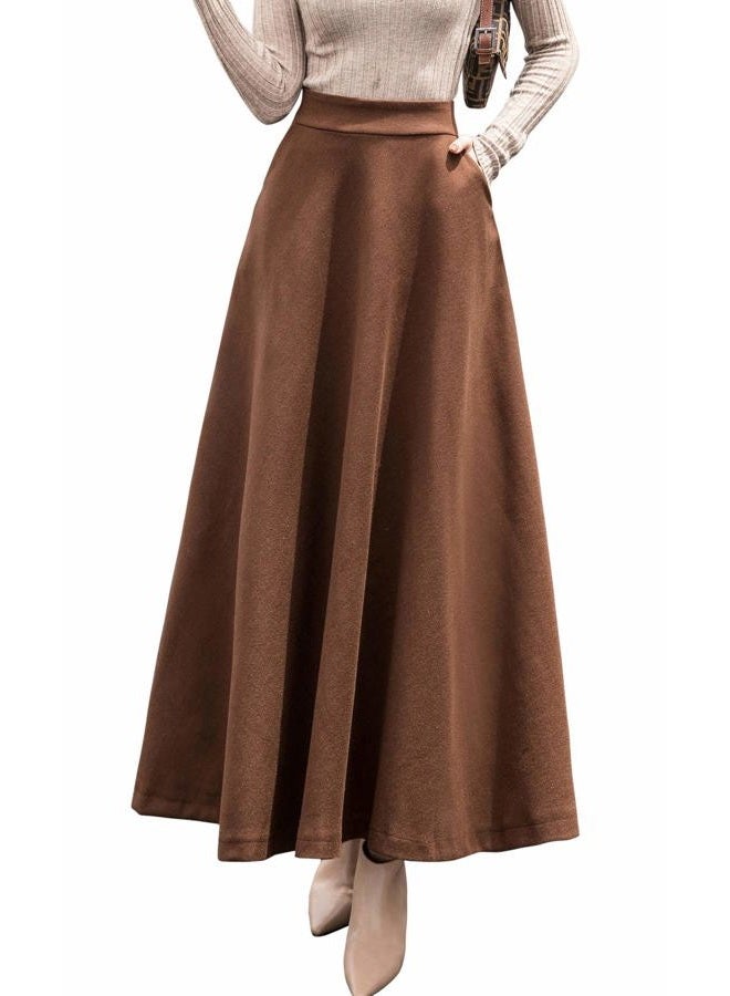chouyatou Women's Fall Winter A-Line Swing Pleated Long Maxi Wool Skater Skirts, Pocket-brown, L - Image 1