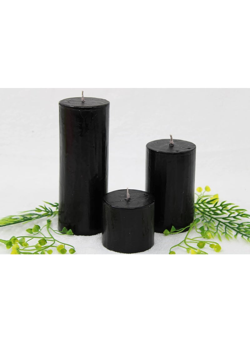 atorakushon atorakushon Smokless Scented Parraffin Wax Set of 3 Round Pillar Candle Best Use for Spa Restaurants Church Weddings Decoration Dinner Table (Black)  - Image 1