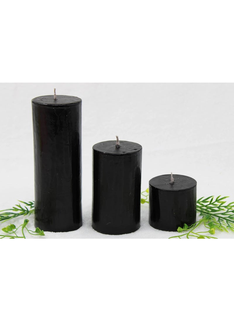 atorakushon atorakushon Smokless Scented Parraffin Wax Set of 3 Round Pillar Candle Best Use for Spa Restaurants Church Weddings Decoration Dinner Table (Black)  - Image 2