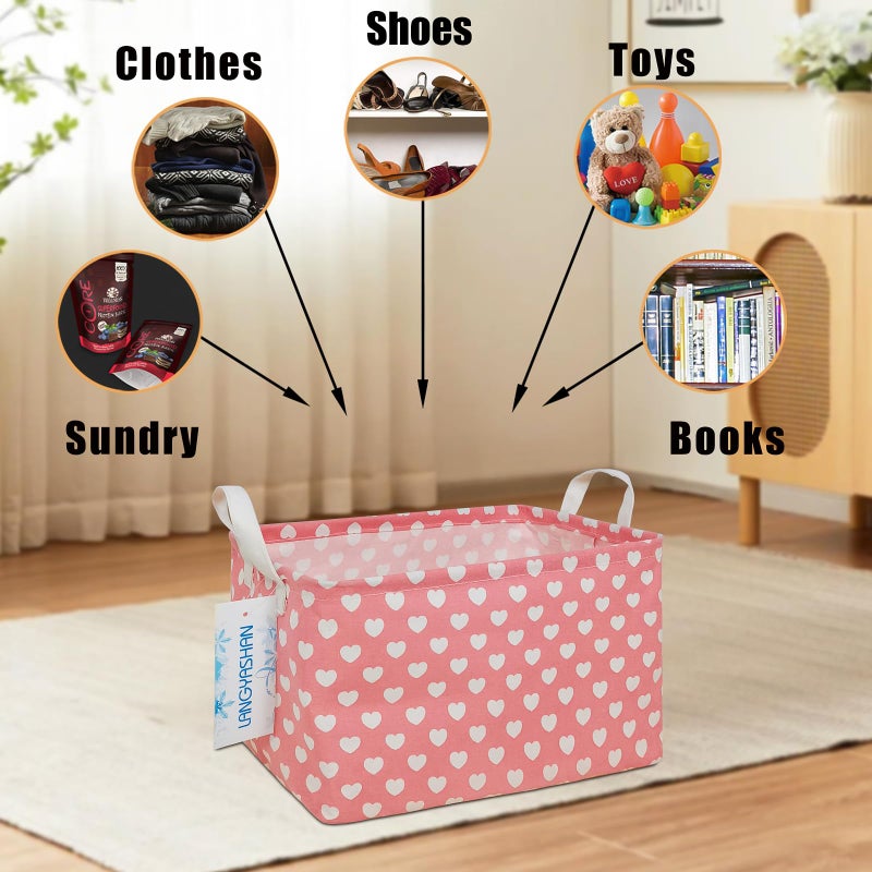 Langyashan Rectangular Storage Bin Collapse Canvas Fabric Cartoon Storage Basket With Handles For Organizing Home Kitchen Boys And Girls Toys Office Closet Shelf Baskets (Rec Pink Heart) - Image 4