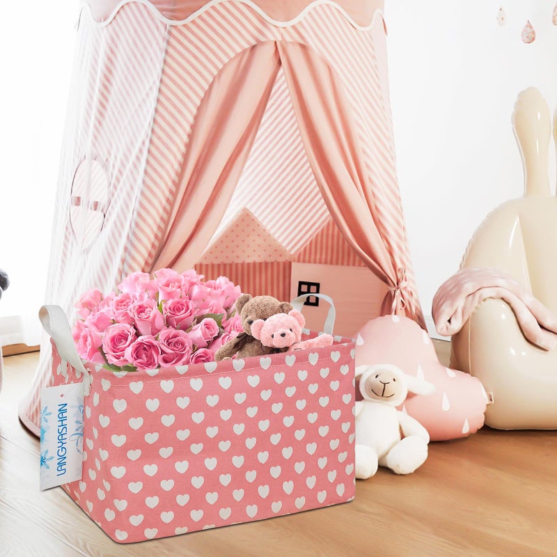Langyashan Rectangular Storage Bin Collapse Canvas Fabric Cartoon Storage Basket With Handles For Organizing Home Kitchen Boys And Girls Toys Office Closet Shelf Baskets (Rec Pink Heart) - Image 5