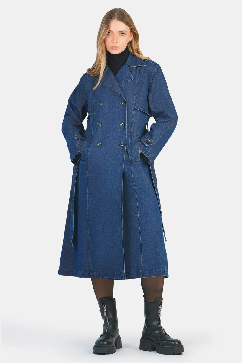 فيرجيو Solid Cotton Belted Denim Trench Coat for Women