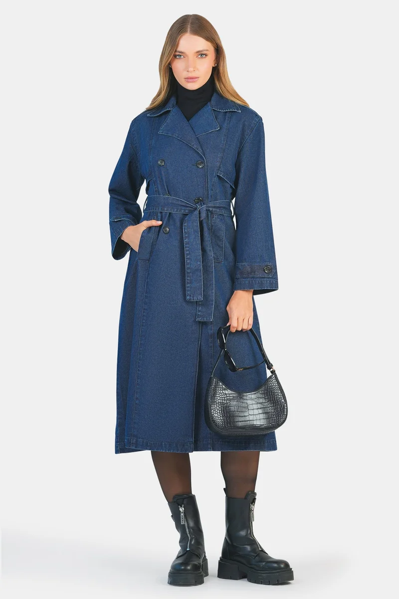 فيرجيو Solid Cotton Belted Denim Trench Coat for Women