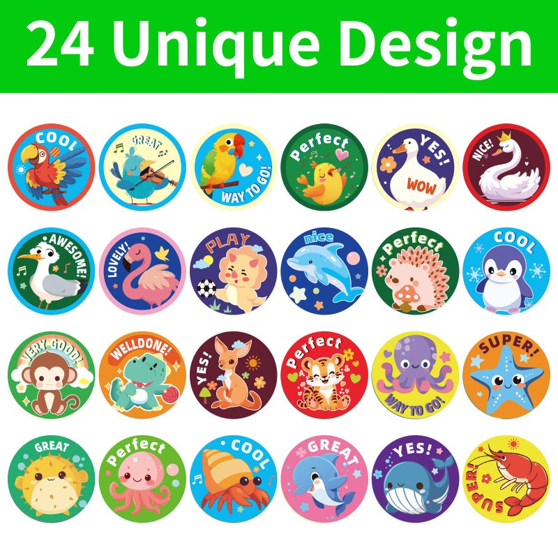METAPRINT 3 Rolls of Reward Stickers for Kids, 1500 Pcs Teacher Motivational Stickers Supplies for School Classroom Home, 24 Animal Designs (Each Measures 1 in Diameter) - Image 4