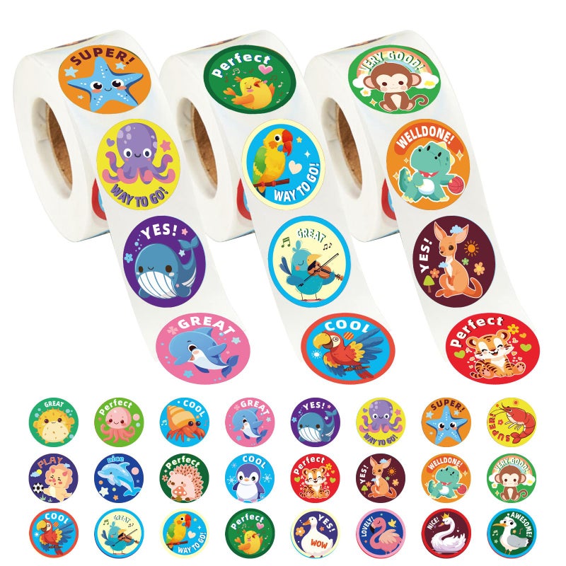 METAPRINT 3 Rolls of Reward Stickers for Kids, 1500 Pcs Teacher Motivational Stickers Supplies for School Classroom Home, 24 Animal Designs (Each Measures 1 in Diameter) - Image 1