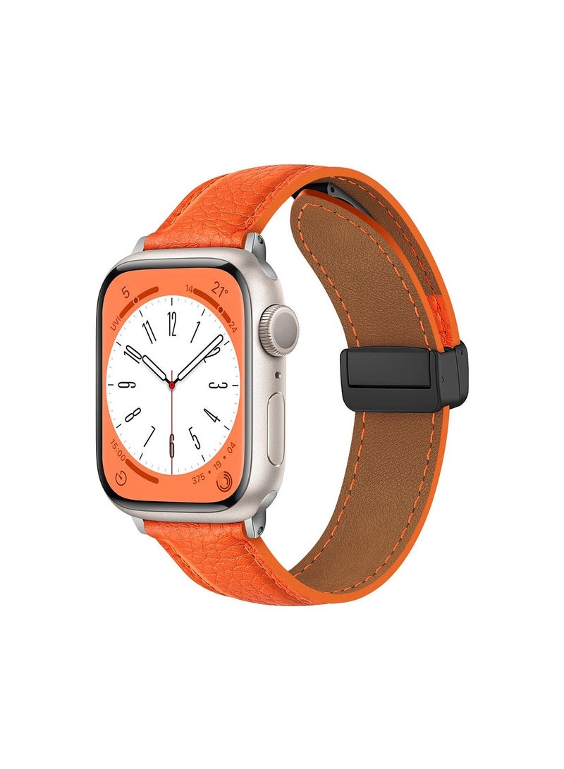 CMP Orange Leather Classic Strap with Magnetic Buckle for Apple Watch 42mm, 44mm, 45mm, 49mm, Premium Replacement Band  Leather Apple Watch strap, magnetic buckle band, Orange Apple Watch leather strap, classic leather band, luxury Apple Watch strap, 42mm band, 44mm band, 45mm band, 49mm leather strap, magnetic Apple Watch replacement - Image 1