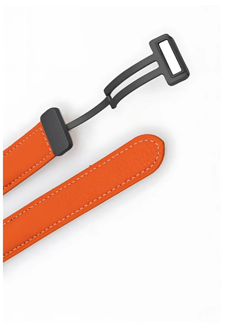 CMP Orange Leather Classic Strap with Magnetic Buckle for Apple Watch 42mm, 44mm, 45mm, 49mm, Premium Replacement Band  Leather Apple Watch strap, magnetic buckle band, Orange Apple Watch leather strap, classic leather band, luxury Apple Watch strap, 42mm band, 44mm band, 45mm band, 49mm leather strap, magnetic Apple Watch replacement - Image 2