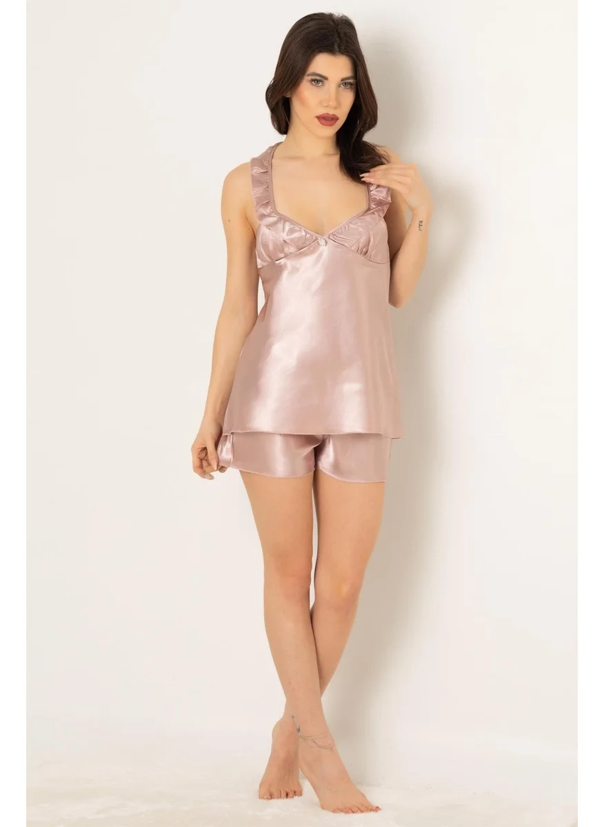 Miorre Doremi Stone Detailed Ruffle Strap Satin Shorts Set