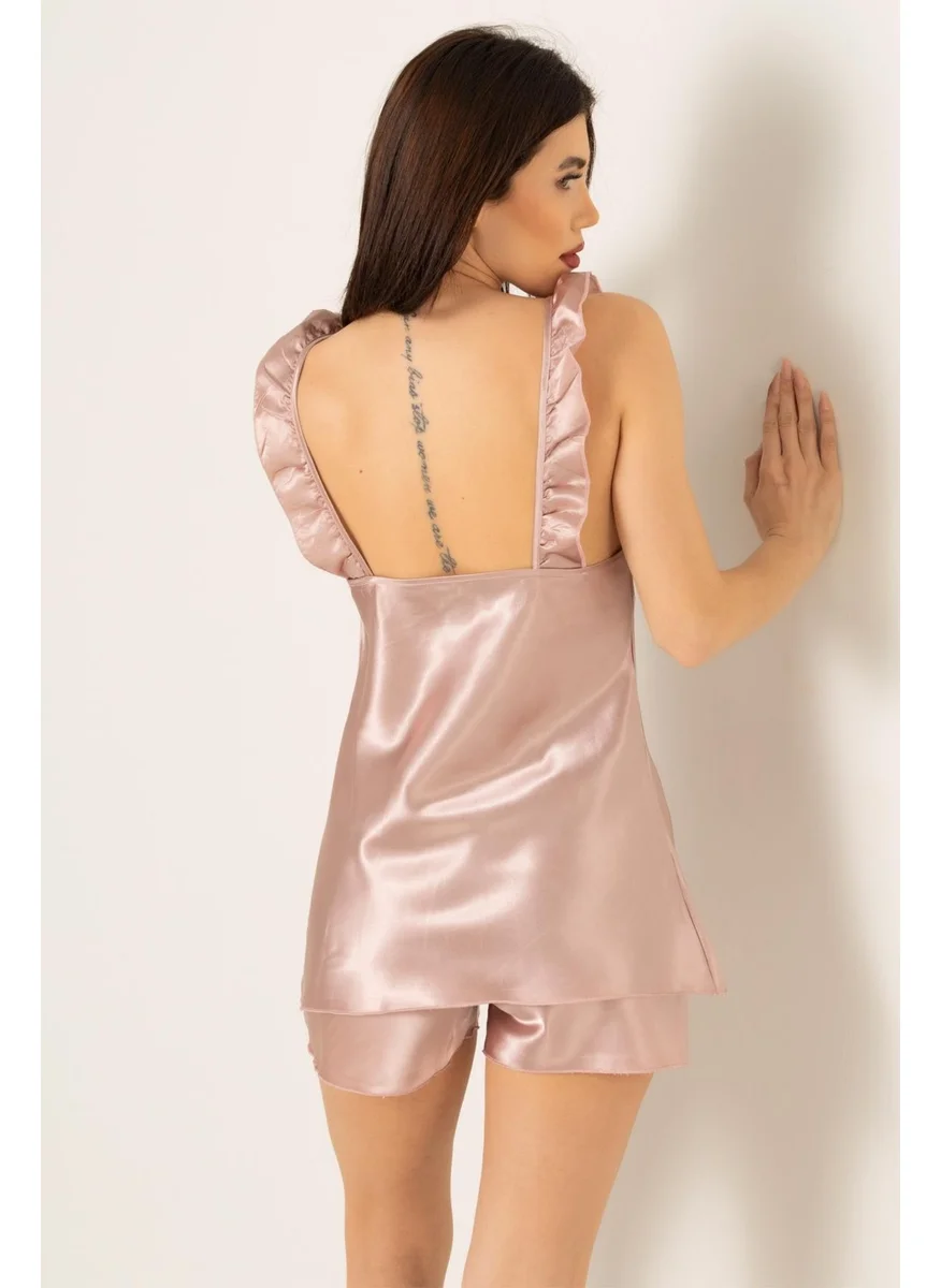 Miorre Doremi Stone Detailed Ruffle Strap Satin Shorts Set