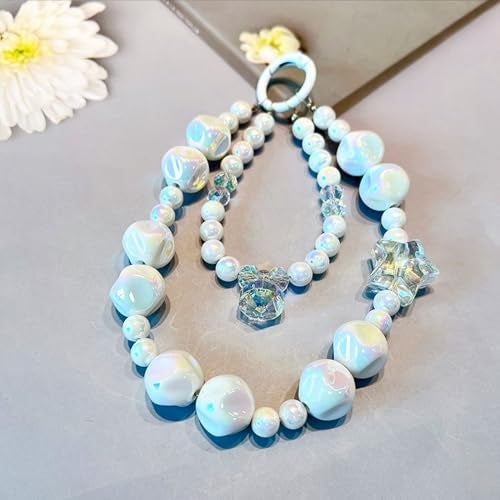 KC Keychain Phone Wrist Strap Pearl Beaded Mobile Phone Cute Charm Hanging Bracelet Marble Pearl Star Cute Charm For Phone/Purse/Camera/Bags, Case Cover For Girls Women White - Image 4