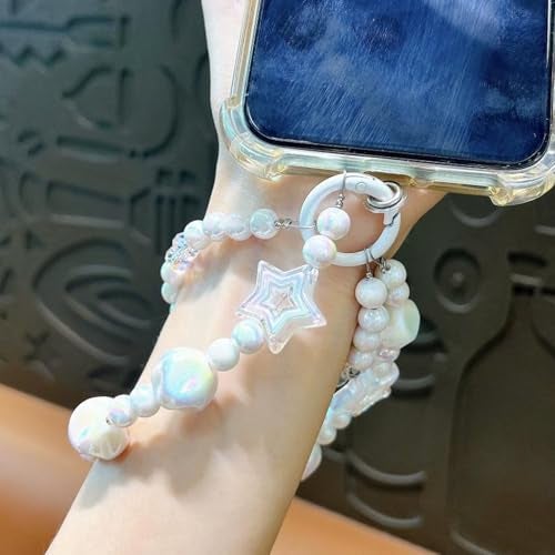 KC Keychain Phone Wrist Strap Pearl Beaded Mobile Phone Cute Charm Hanging Bracelet Marble Pearl Star Cute Charm For Phone/Purse/Camera/Bags, Case Cover For Girls Women White - Image 3