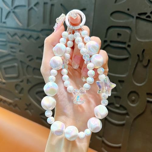 KC Keychain Phone Wrist Strap Pearl Beaded Mobile Phone Cute Charm Hanging Bracelet Marble Pearl Star Cute Charm For Phone/Purse/Camera/Bags, Case Cover For Girls Women White - Image 2
