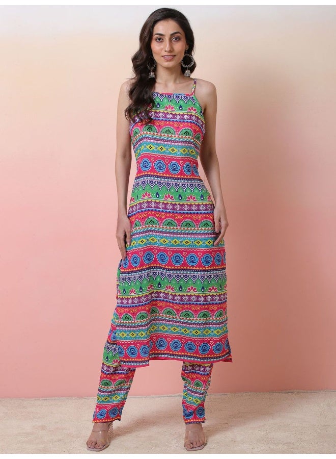 AKS Tribal Printed Shoulder Straps Kurta with Trousers  - Image 1