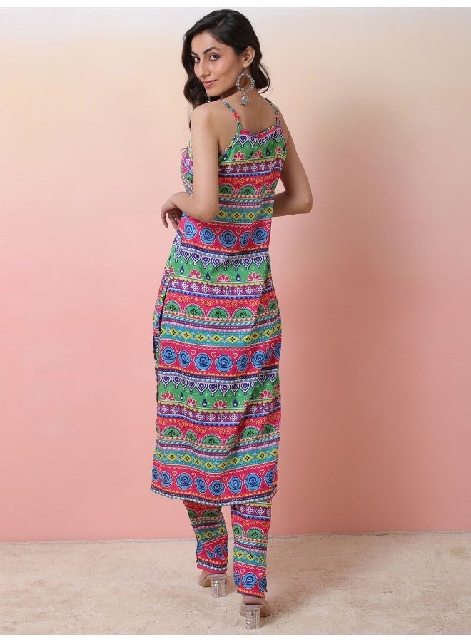 AKS Tribal Printed Shoulder Straps Kurta with Trousers  - Image 4