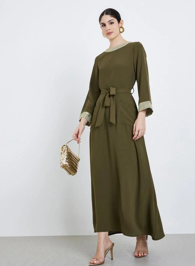 Amirah Women Olive Foil Print A-Line Jalabiya