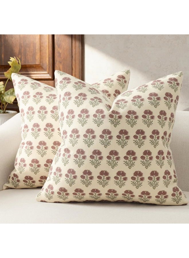 DKwizme Farmhouse Floral Pillow Covers 18x18 Set of 2, Country Botanical Throw Pillow Cover for Sofa Couch Bed Living Room, Rustic Vintage Flower Cushion Covers Cottage Home Decor,Rust Meadow - Image 1