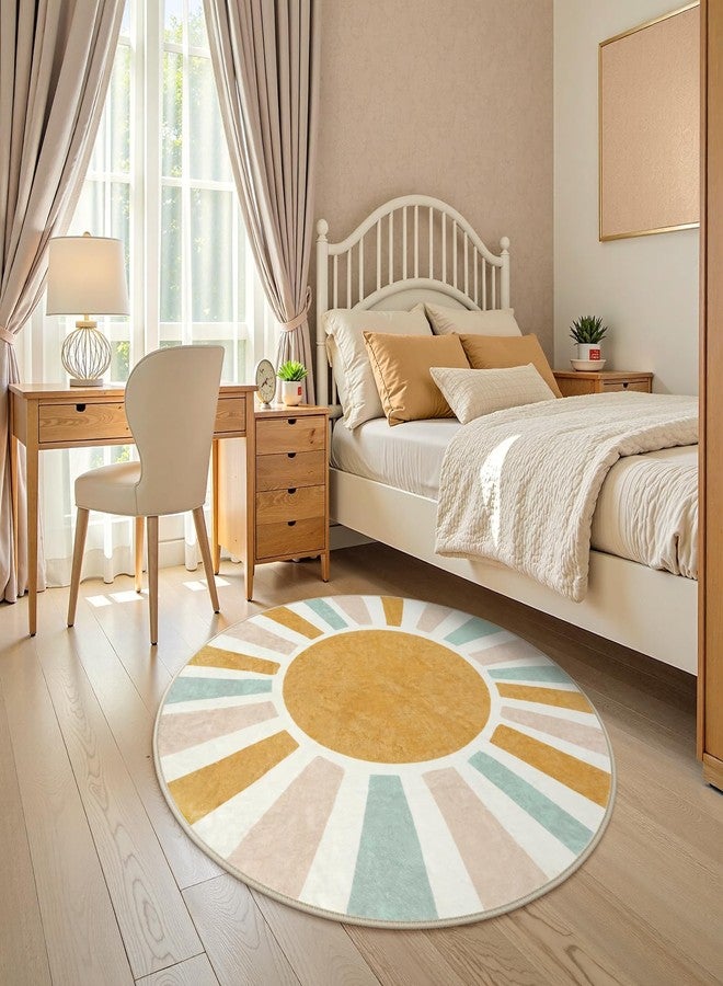 لايف بوكس سجادة دائرية ريترو صن من لايف بوكس، مقاس 4 أقدام، بتصميم بوهيمي، مثالية لغرفة الأطفال، مانعة للانزلاق، ناعمة للغاية، لطيفة وملونة، مناسبة لغرف النوم، قابلة للغسل، مناسبة لغرف المعيشة والمكاتب الداخلية. - Image 2