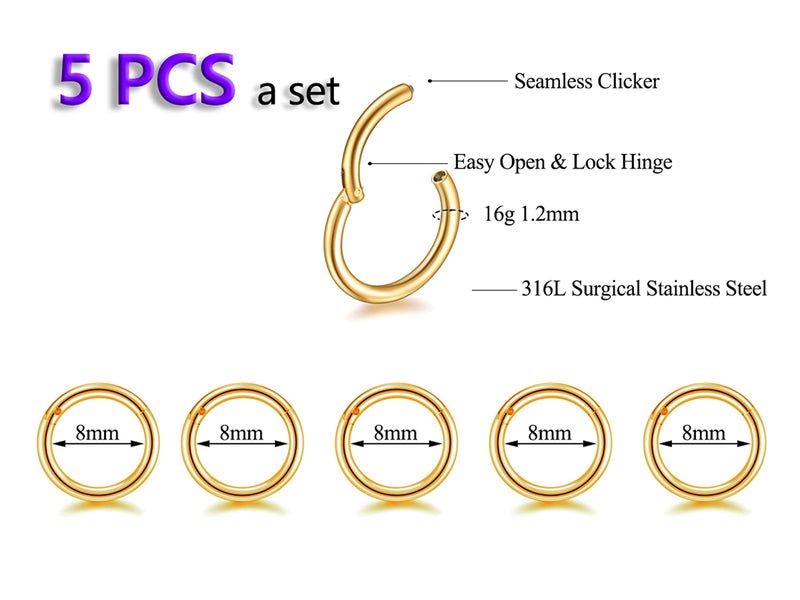 HQLA 5Pcs 16G 18G Surgical Steel Nose Rings Hoop Tragus Septum Cartilage Hoop Earrings For Women Men Body Piercing Jewelry Kit Bar Length 6mm/8mm/10mm/12mm/14mm (5Pcs -16G - Gold - 8mm) - Image 2