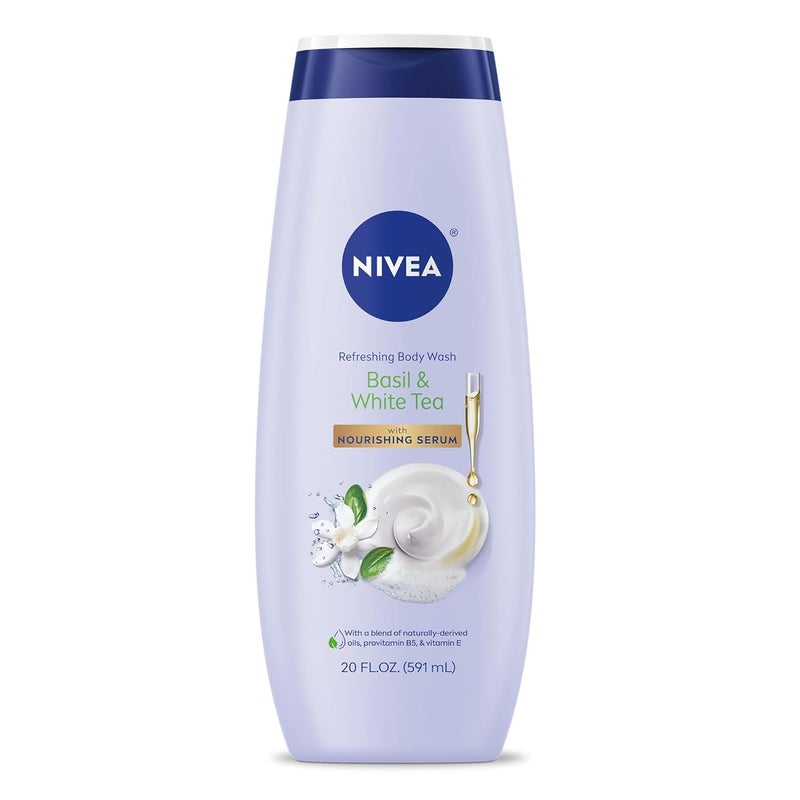 NIVEA Refreshing Basil and White Tea Body Wash with Nourishing Serum Scented Body Wash for Women Enriched with Provitamin B5 and Vitamin E 20 Fl Oz Bottle