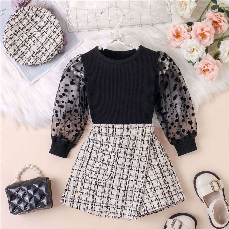 Girls Knit Polka Dot Top  Chic Skort Beret Set Black 