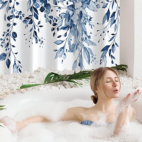 Gibelle Navy Blue Eucalyptus Shower Curtain, Watercolor Plant Leaves with Floral Bathroom Shower Curtain Set with Hooks, 72x72 - Image 2