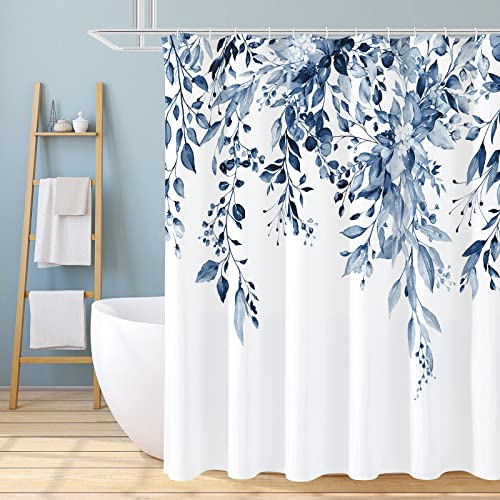 Gibelle Navy Blue Eucalyptus Shower Curtain, Watercolor Plant Leaves with Floral Bathroom Shower Curtain Set with Hooks, 72x72 - Image 1