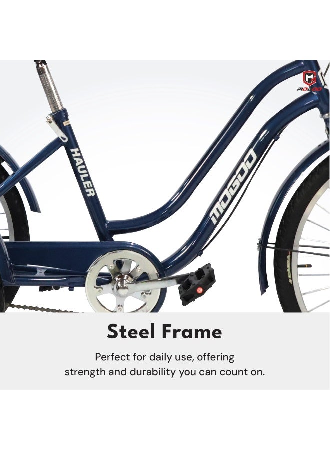 MOGOO Mogoo Hauler Adult Tricycle - 24/26 Inch - Durable Steel Frame, Removable Rear Basket with Wheels & Wooden Base, Alloy Rims, Parking Brake, Saddle with Springs, Vintage Design, Perfect for Shopping  - Image 3