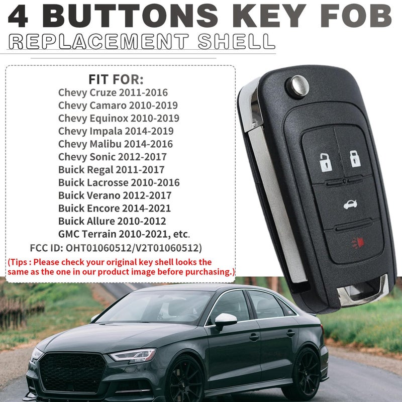 JJCHQ 2 Pack Flip Key Fob Case Shell Replacement 4 Button for Chevy Cruze Equinox Camaro Impala Malibu Sonic Buick Regal Verano Encore Lacrosse GMC Terrain 2010 2011 2012 2013 2014 2015 2016 2017 2018 2019 - Image 2