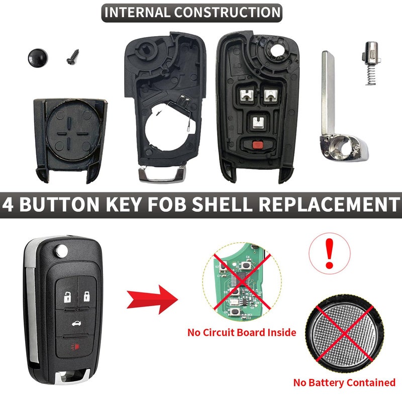 JJCHQ 2 Pack Flip Key Fob Case Shell Replacement 4 Button for Chevy Cruze Equinox Camaro Impala Malibu Sonic Buick Regal Verano Encore Lacrosse GMC Terrain 2010 2011 2012 2013 2014 2015 2016 2017 2018 2019 - Image 3