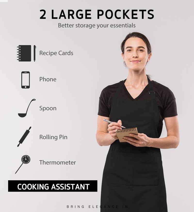 2 Pack Adjustable Bib Apron Waterdrop Resistant with 2 Pockets - Black - Image 4