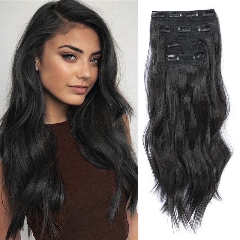4PCS Clip in Hair Extensions 20Inch Black Hair Extensions Long Wavy Hair Extensions Clip ins Synthetic Thick Hair Piece for WomenBlack