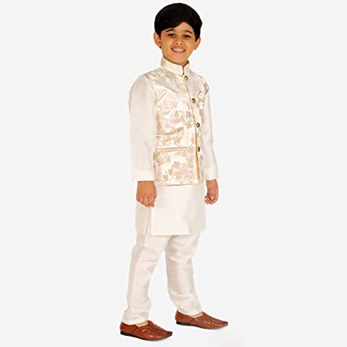 Pro-Ethic Style Developer Kurta Pajama Set For Kids Boys With Waistcoat | Silk | Floral | Traditional Dress (S-209), 3-4 Years, Cream - Image 2