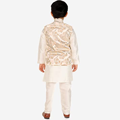 Pro-Ethic Style Developer Kurta Pajama Set For Kids Boys With Waistcoat | Silk | Floral | Traditional Dress (S-209), 3-4 Years, Cream - Image 4