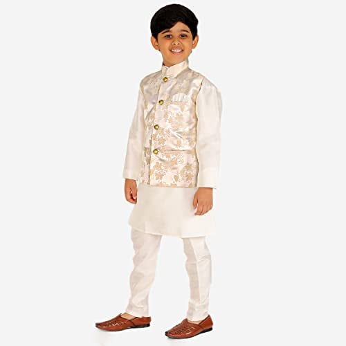 Pro-Ethic Style Developer Kurta Pajama Set For Kids Boys With Waistcoat | Silk | Floral | Traditional Dress (S-209), 3-4 Years, Cream - Image 3