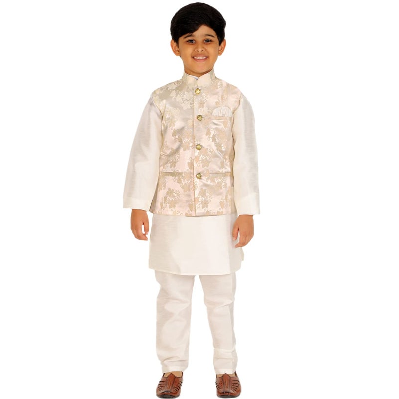 Pro-Ethic Style Developer Kurta Pajama Set For Kids Boys With Waistcoat | Silk | Floral | Traditional Dress (S-209), 3-4 Years, Cream - Image 5