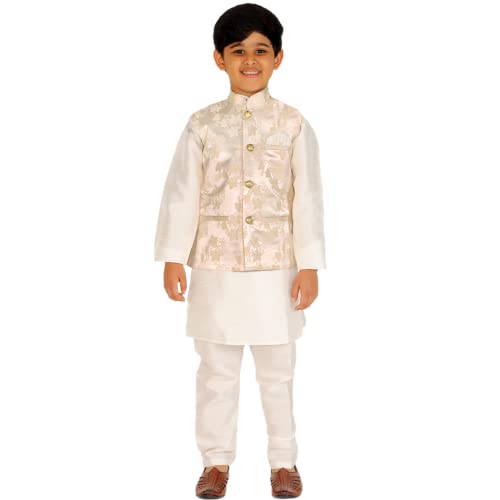 Pro-Ethic Style Developer Kurta Pajama Set For Kids Boys With Waistcoat | Silk | Floral | Traditional Dress (S-209), 3-4 Years, Cream - Image 1