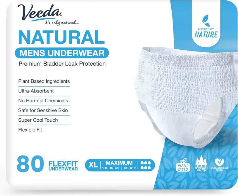 Veeda سراويل داخلية طبيعية للكبار غير قابلة للتسرب للرجال سراويل قابلة للتصرف لحماية تسرب المثانة حفاضات للكبار للرجال مع أقصى امتصاص حجم كبير 80 قطعة - Image 1
