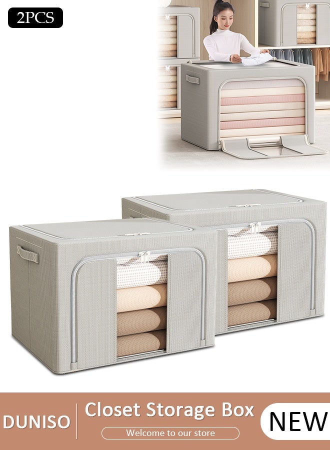 DUNISO 2 Pack Closet Storage Box with Metal Frame, Stackable Flodable Closet Container Organizer with Lids Handle Double & Zippers, Large Capacity Wardrobe Clothes Storage Box with Clear Window for Blanket, Bedding, Clothes, Comforter - Image 1