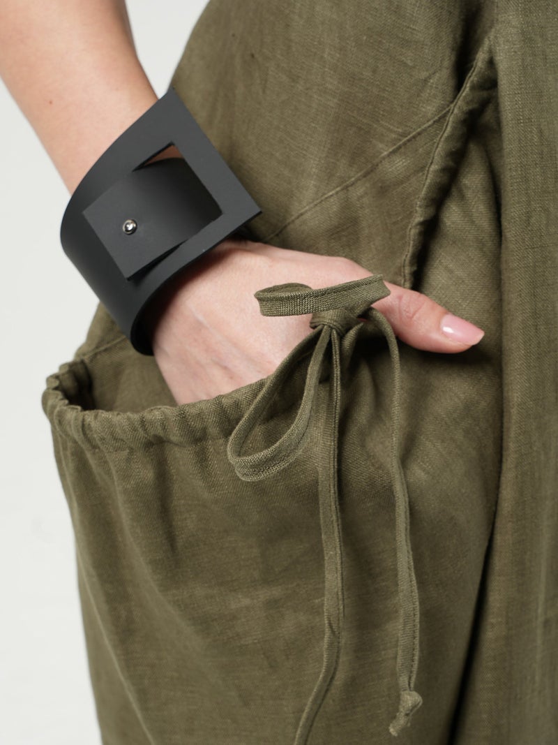 Metamorphoza Long Linen Dress With Oversized Pockets In Khaki - Image 4