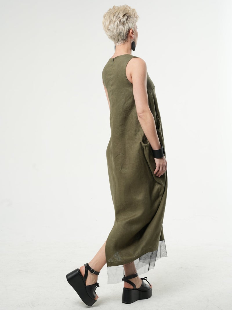 Metamorphoza Long Linen Dress With Oversized Pockets In Khaki - Image 3