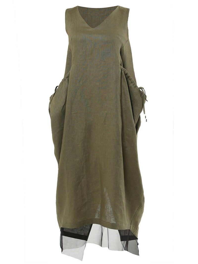 Metamorphoza Long Linen Dress With Oversized Pockets In Khaki - Image 2