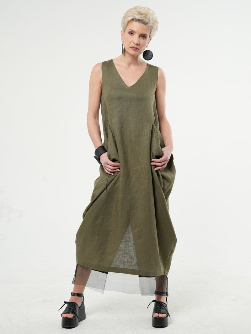 Metamorphoza Long Linen Dress With Oversized Pockets In Khaki - Image 1