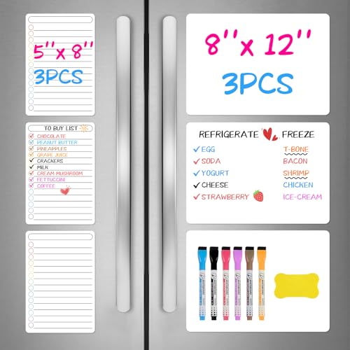 NUITPY 6 Pack Magnetic Dry Erase Board 3 Pack 8 x 12 3 Pack 5 x 8 Magnetic Whiteboard for Fridge Magnetism Notepad for Fridge with 6 Markers 1 Eraser - Image 1