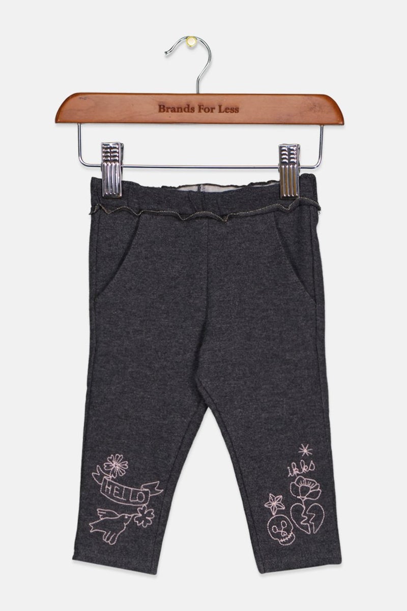 IKKS Toddlers Girl Embroidered Pull On Pants, Charcoal  - Image 1